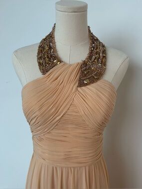 Women's Peachy Nude Halter Pleated Dress with Beaded Neckline